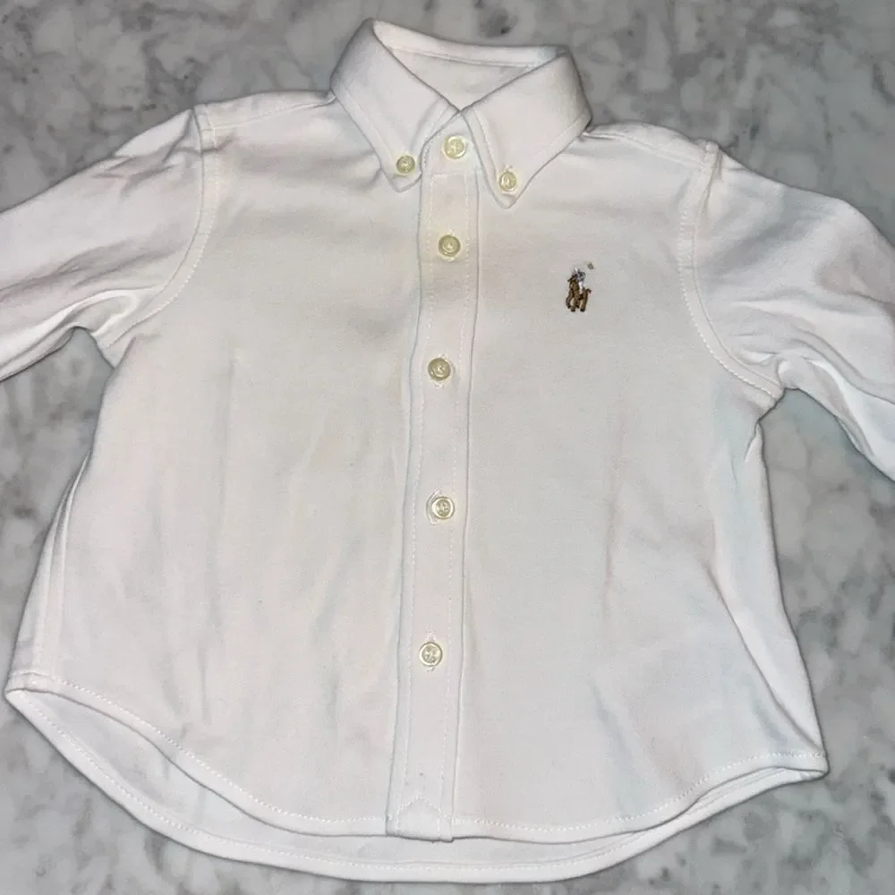 Ralph Lauren White Button Down Shirt with stripe blue pants & belt 6M